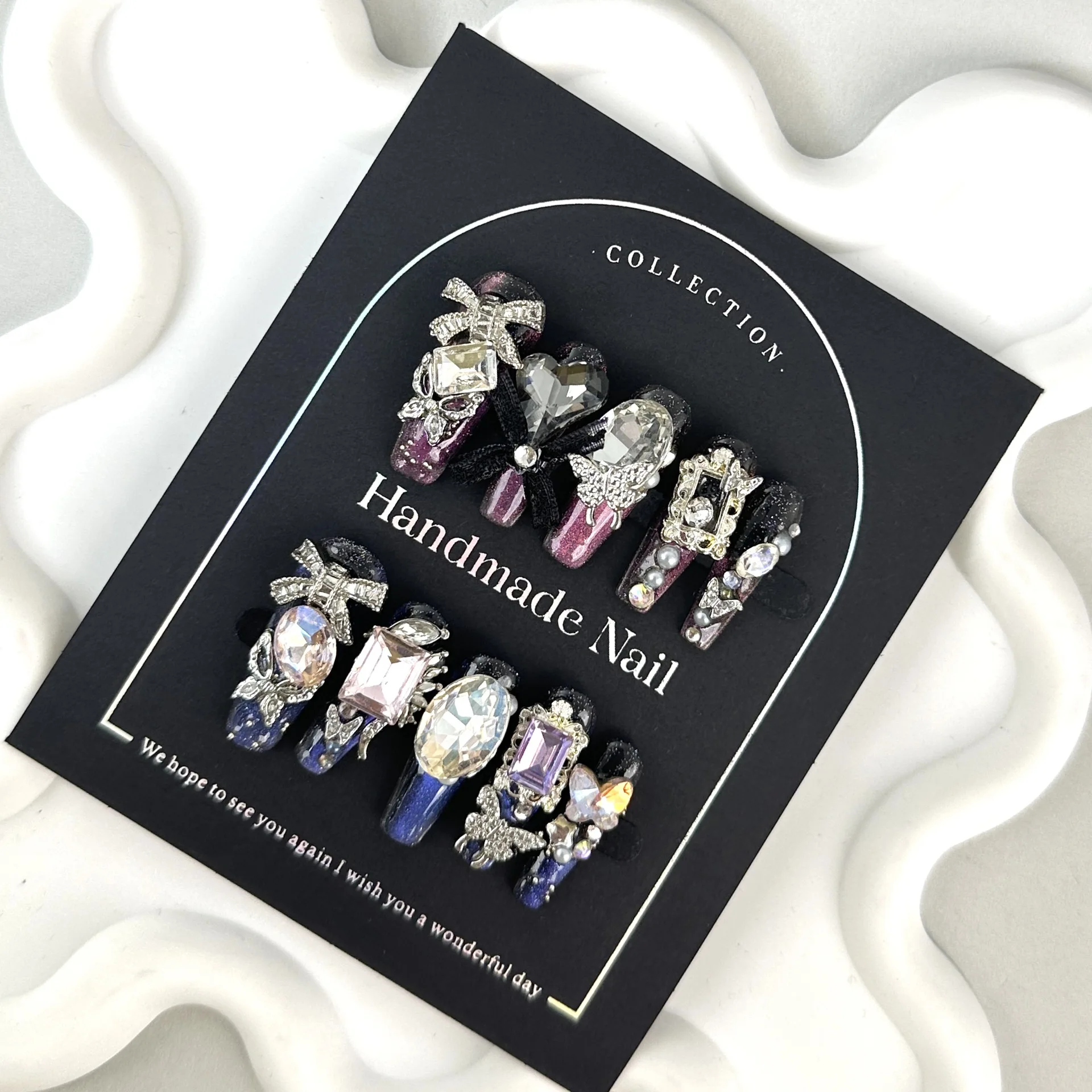 

10 PCS Handmade Wear Nail Press Long Ballet Nail Bowknots Ornament Dark Series Pressing Nails Diamond Y2k Butterfly Cool Girls