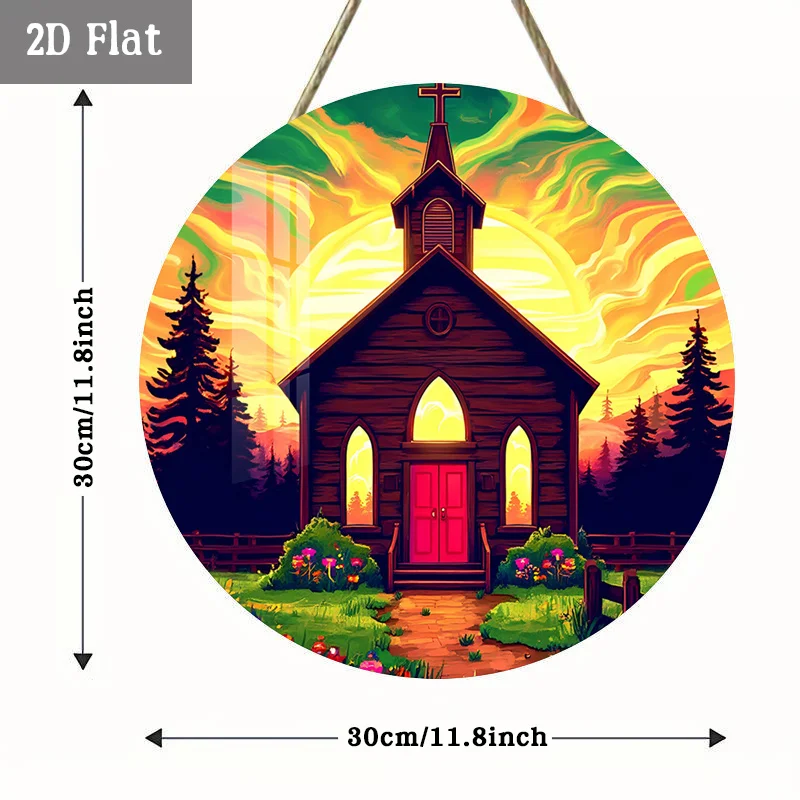 2D Flat, 1pc Vintage Round Wood Panel Church Painting - Frameless Suitable for Home, Cafe, Dining Room Wall Decor, Spiritual Mou