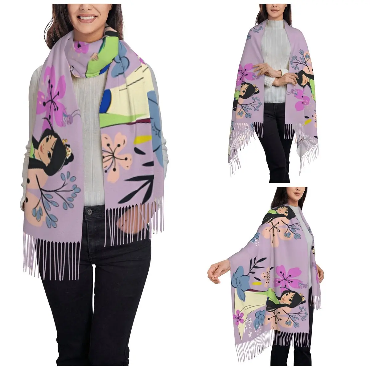 Mulan Princess Beaty Cartoon Shawls Wraps Womens Winter Warm Large Long Scarf Cute Mushu Neckerchief Tassel Scarves