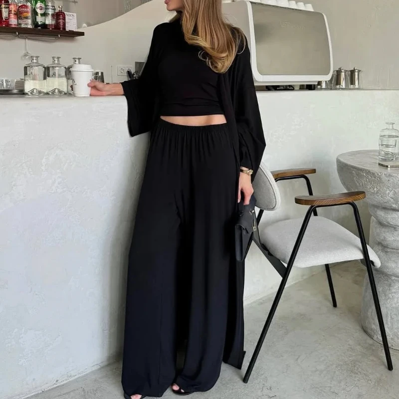 Female Solid Color Casual 3Pieces Suits Long Sleeves Coat Round-Neck Slim Short Top Wide Leg Trousers Spring Summer Fashion Sets