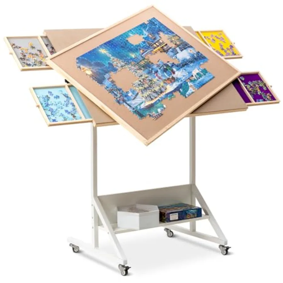 

Tilting Puzzle Table with 4 Colored Drawers and Cover and Flip Top Design, Jigsaw Puzzle Board with Tilt Angle and Height Adjus