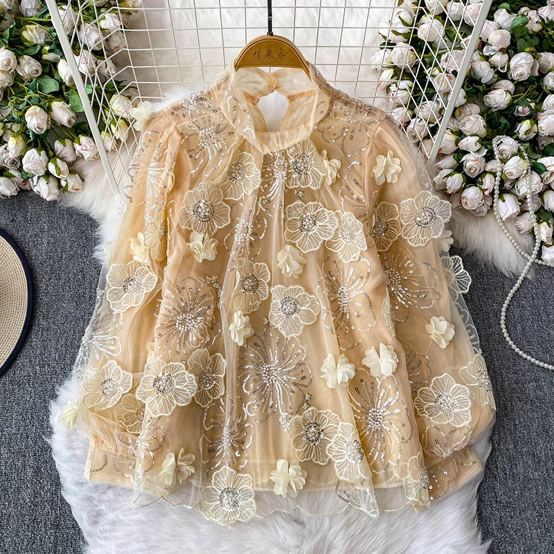 

Summer New Fashion High-waisted Temperament Mesh Turtleneck Tops High-waisted Slim Beaded Sequined Long-sleeved Chiffon Shirt
