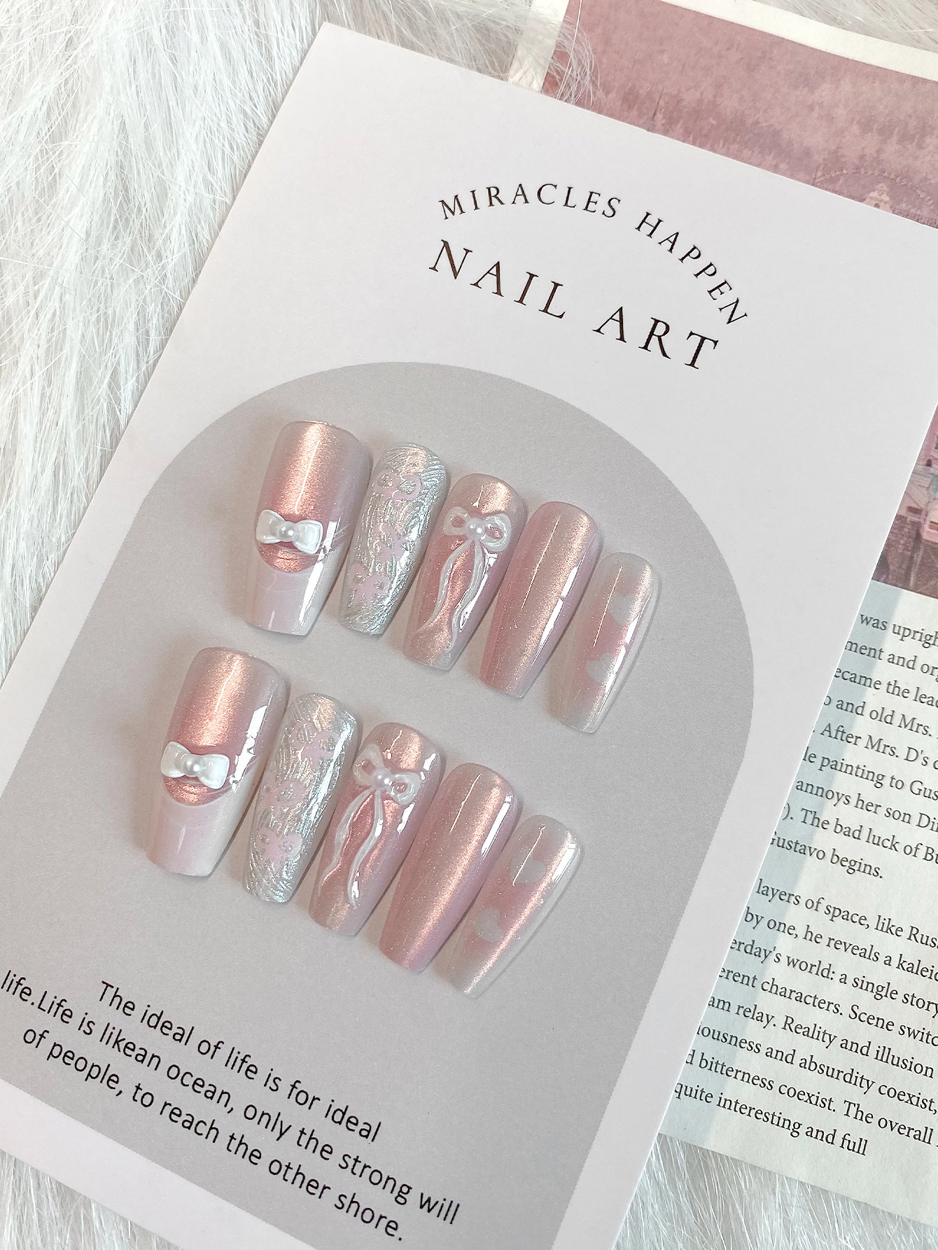 10-Piece Set of Medium-Length Trapezoidal Ballet-Style Feather Texture Gentle Fairy Handmade Fake Nail Patches, with Jelly Glue and Rubbing Strips Included