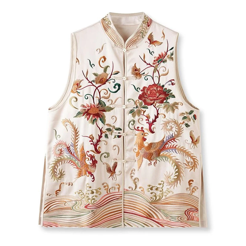 الأزهار المطرزة الحرير الحرير سترة المرأة الرجعية الصينية خمر العرقية نمط بلوزات بلا اكمام المتضخم