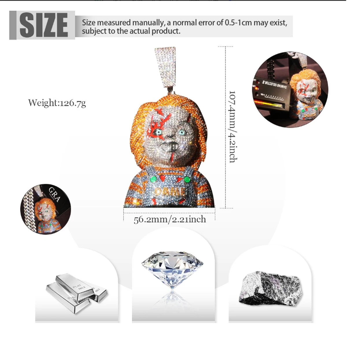 Iced Out Horror Orange Hair Doll Bust Pendant CZ 18K Gold Plated Retro Evil Scarred Doll Hip Hop Charm Necklace Fine Jewelry Gifts for Men Boy Friends Rapper Streetwear Halloween Party Accessory 3D Full Bling Cartoon Character Pendant Matching Cuban Link