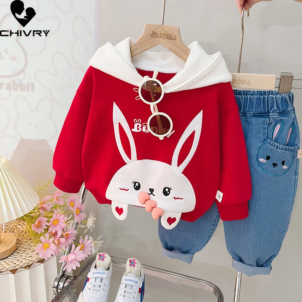 

New 2023 Baby Girls Spring Autumn Fashion Cartoon Rabbit Hooded Hoodies Sweatshirt with Denim Pants Kids Casual Clothing Sets