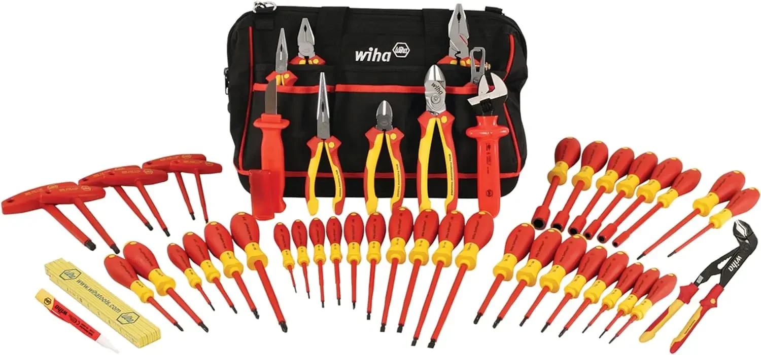 Wiha 32874 Insulated Tool Set with Pliers, Cutters, Knife, Ruler and Voltage detector, 50 Piece Set in Canvas Tool Bag