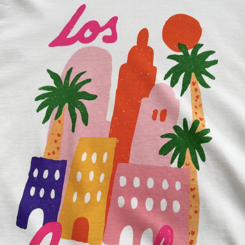 Summer White Breathable Short Sleeve Saint Tshirts Pink Coconut Tree Building Print Casual Streetwear Men Women Top Tees