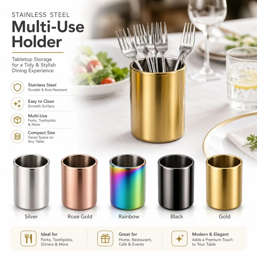Stainless Steel Fruit Fork Holder Minimalist European Style Cylindrical Structure Toothpick Holder Titanium Plated Finish