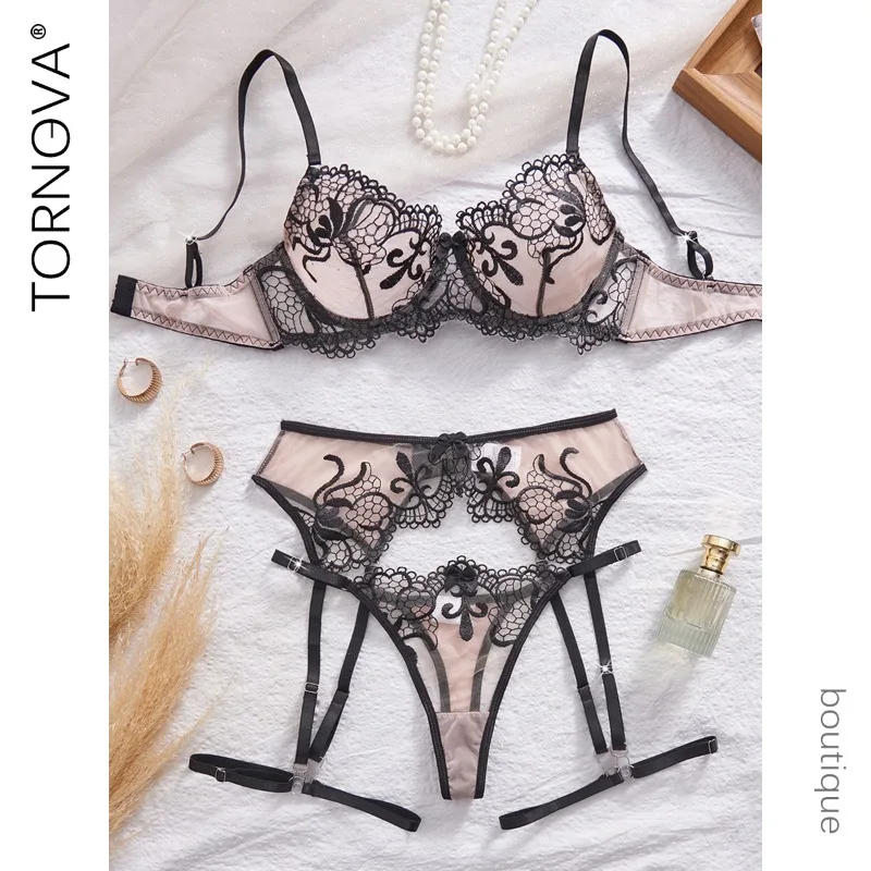 

Tornova Erotic Lingerie Floral Embroidery Double Cup Steel Ring Gathertogether See-through Mesh Sexy Seductive Hot Underwear Set