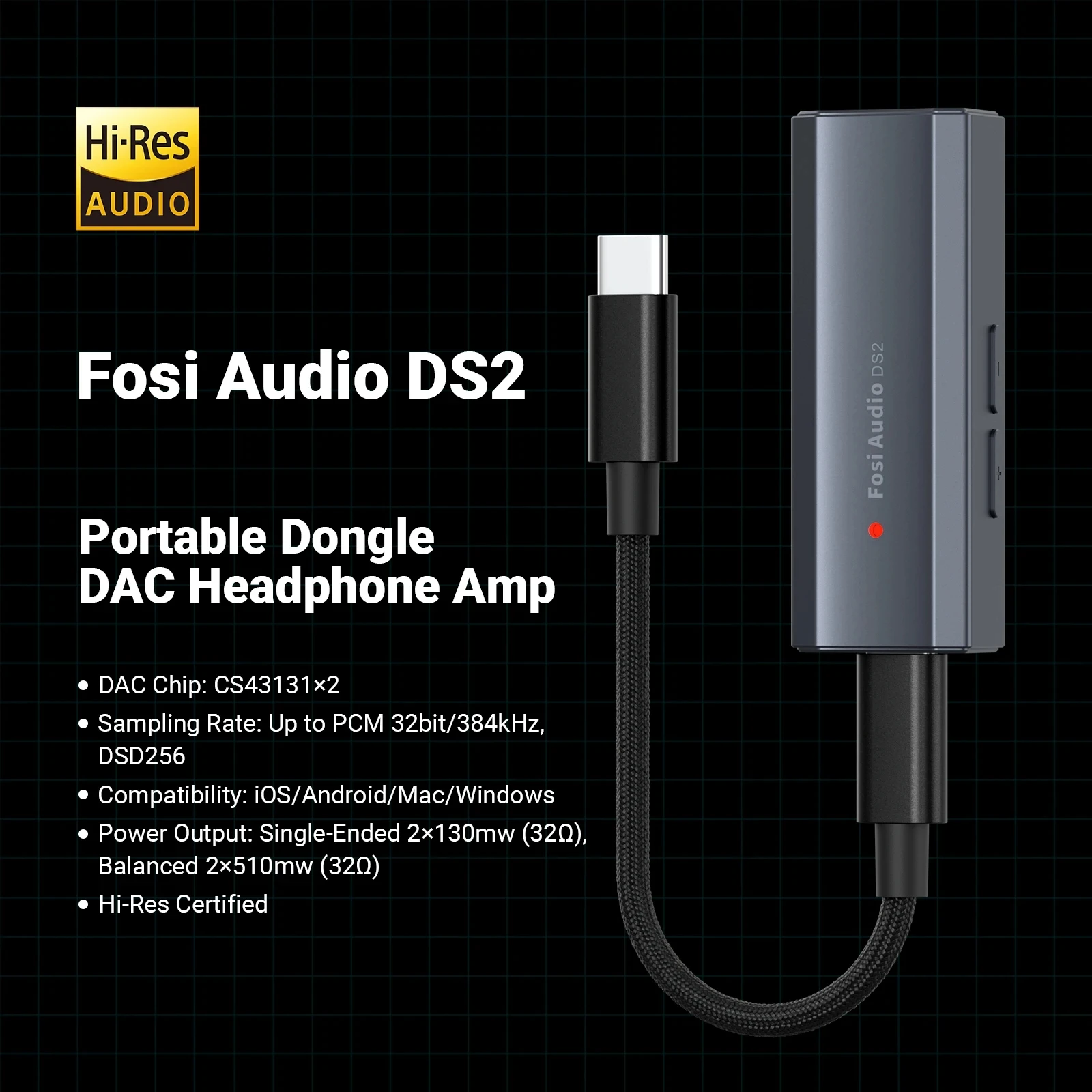 Fosi Audio DS2 DS512 HiFi DAC Headphone Amplifier Mini Audio USB DAC Amp Support 32bit/768kHz with 3.5MM & 4.4MM Dual Outputs