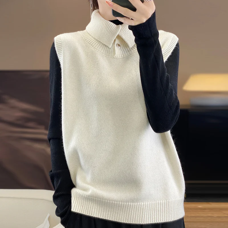 New Polo Collar Solid Color Vest Women's Autumn/Winter Button Pullover Korean Luxury Korean Blouse