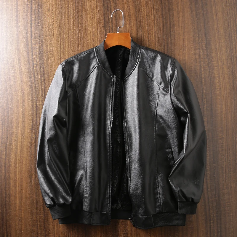 

High-End Eco-Superfiber Leather Jaet Men's Thiened Fce Lined Baseball Collar Biker Sle Faionable Winter Coat
