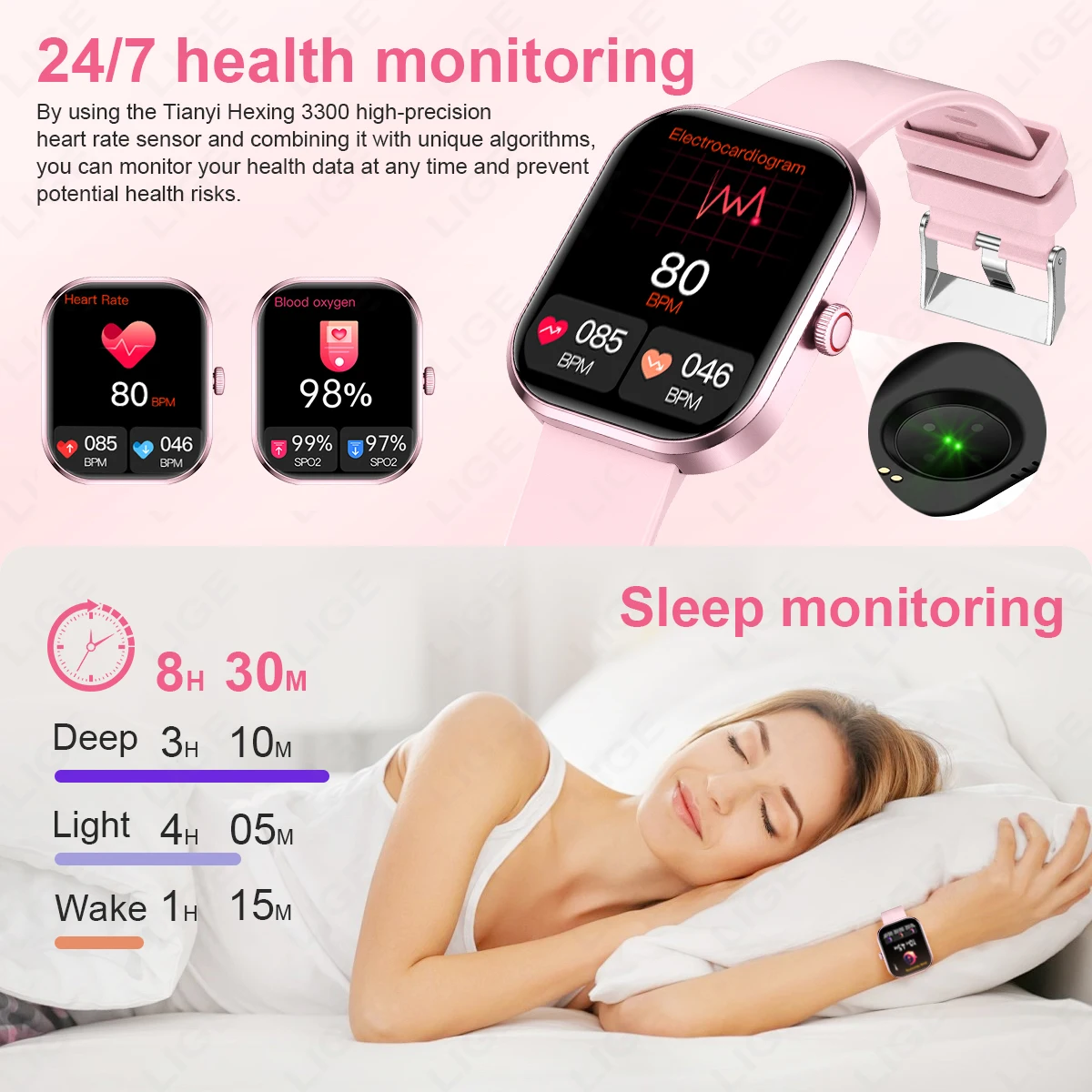 LIGE Smart Watches Ladies Bluetooth Call Sport Bracelet for Android IOS Women‘s Health Monitor Gift Music Clock Smartwatch Pink