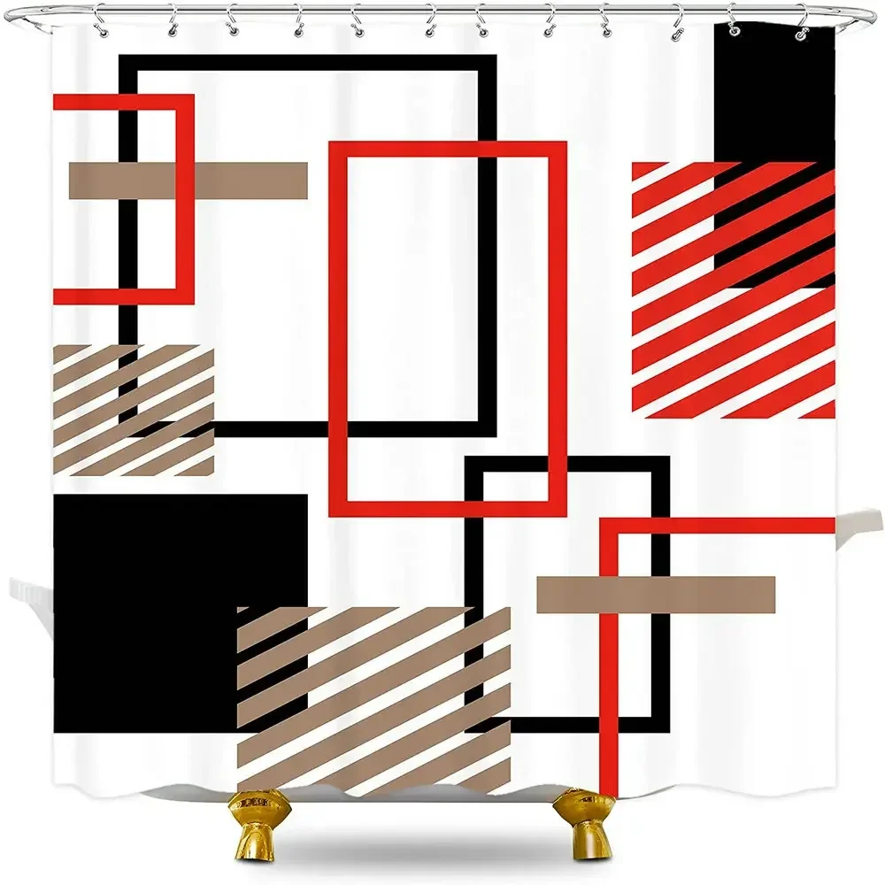 Abstract Geometric Shower Curtain Modern Minimalistic Black Red Lines Screen Aesthetic Square Shape Home Bathroom Bathtub Decor