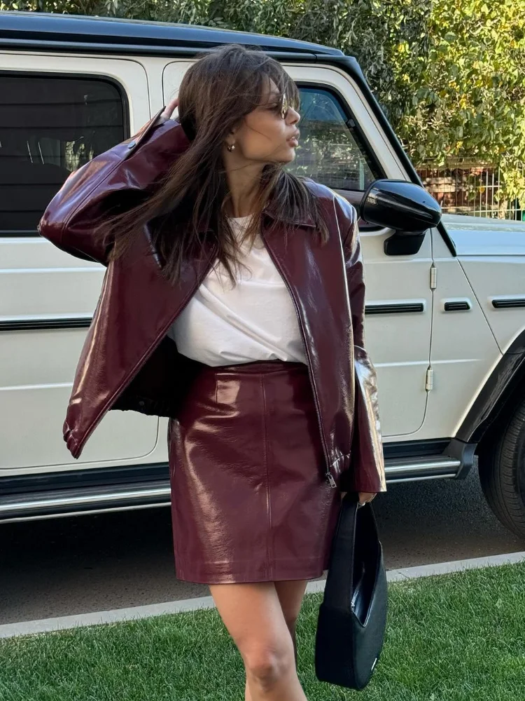 Women Elegant Ancora Red Zipper Leather Jacket 2 Piece Set Fashion High Waist Solid Cropped Mini Skirt Suit 2024 Lady Streetwear