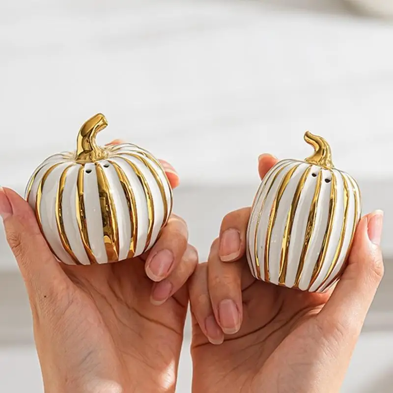 Kitchen Meal Seasoning Shakers,2Pieces Ribbed Powder Dispensers in White Finish with Gold Accent for Dining Table and Serving Us