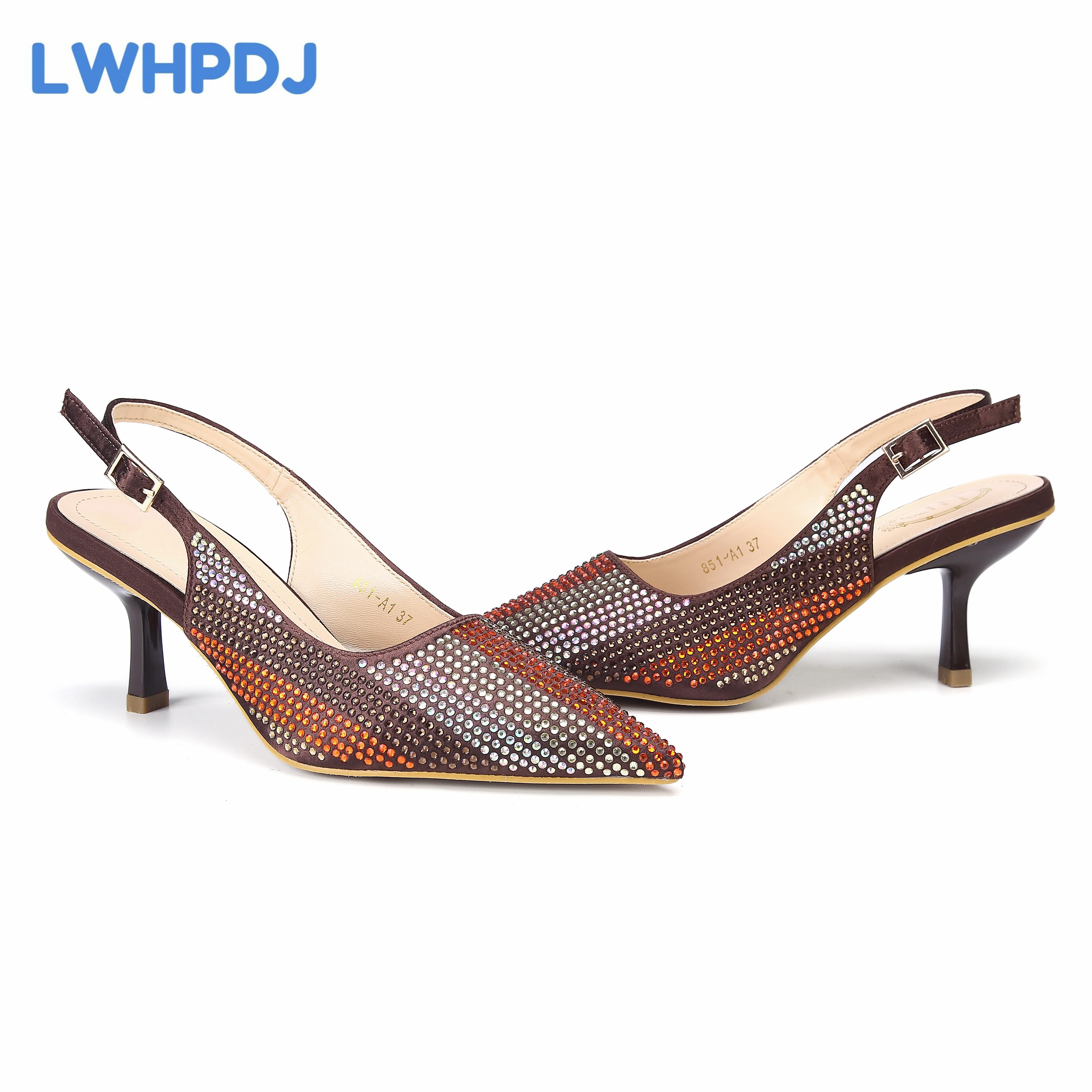 Lates 2024 Coffee Color Hot Selling Cmfotable Heels Pointed Toe Rhinestones Style Saandal with Bag Set For Party Women