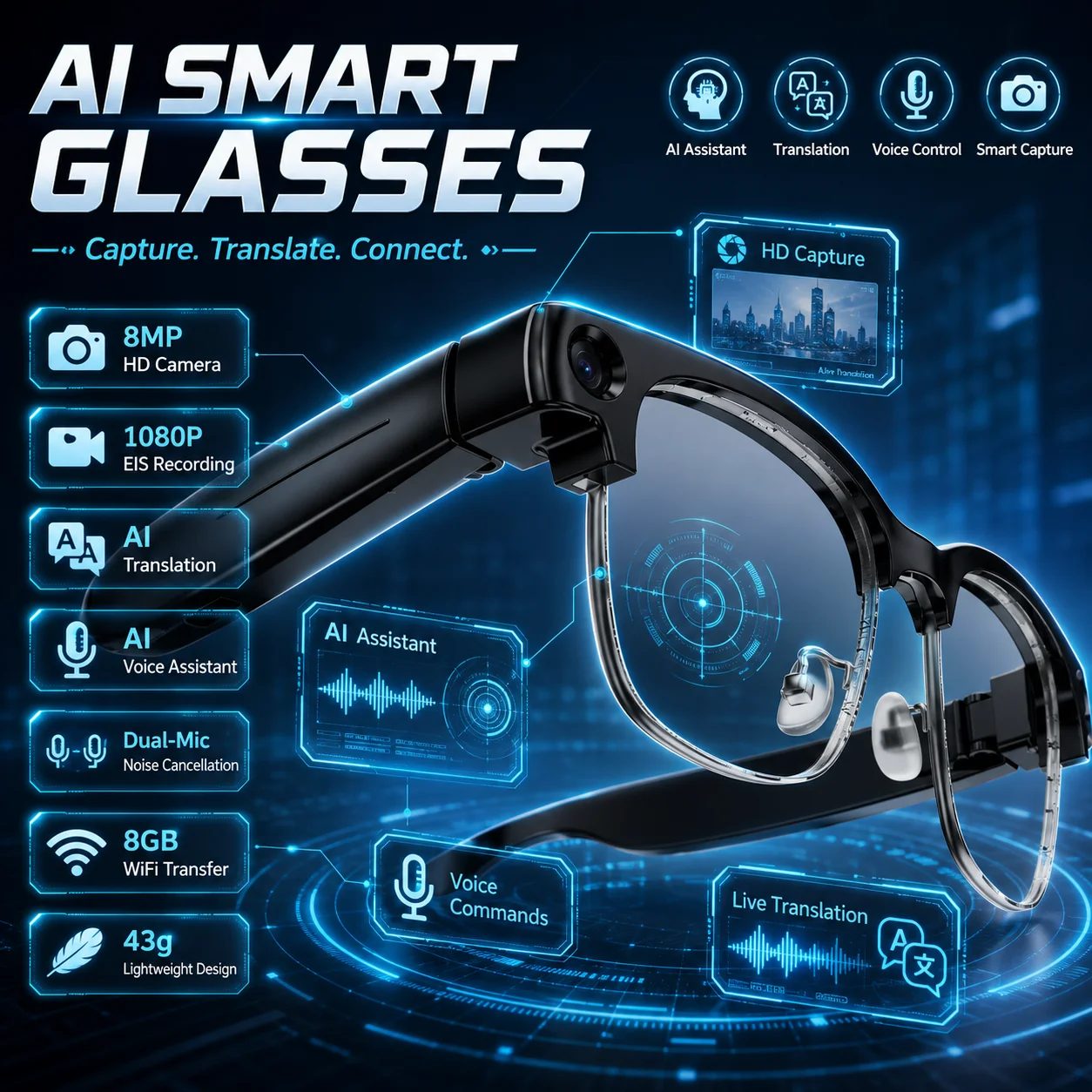Camera Smart Glasses 800W Pixel Men Video Recording AI Photo Recognition Bluetooth Call Voice Translation Sunglasses Women