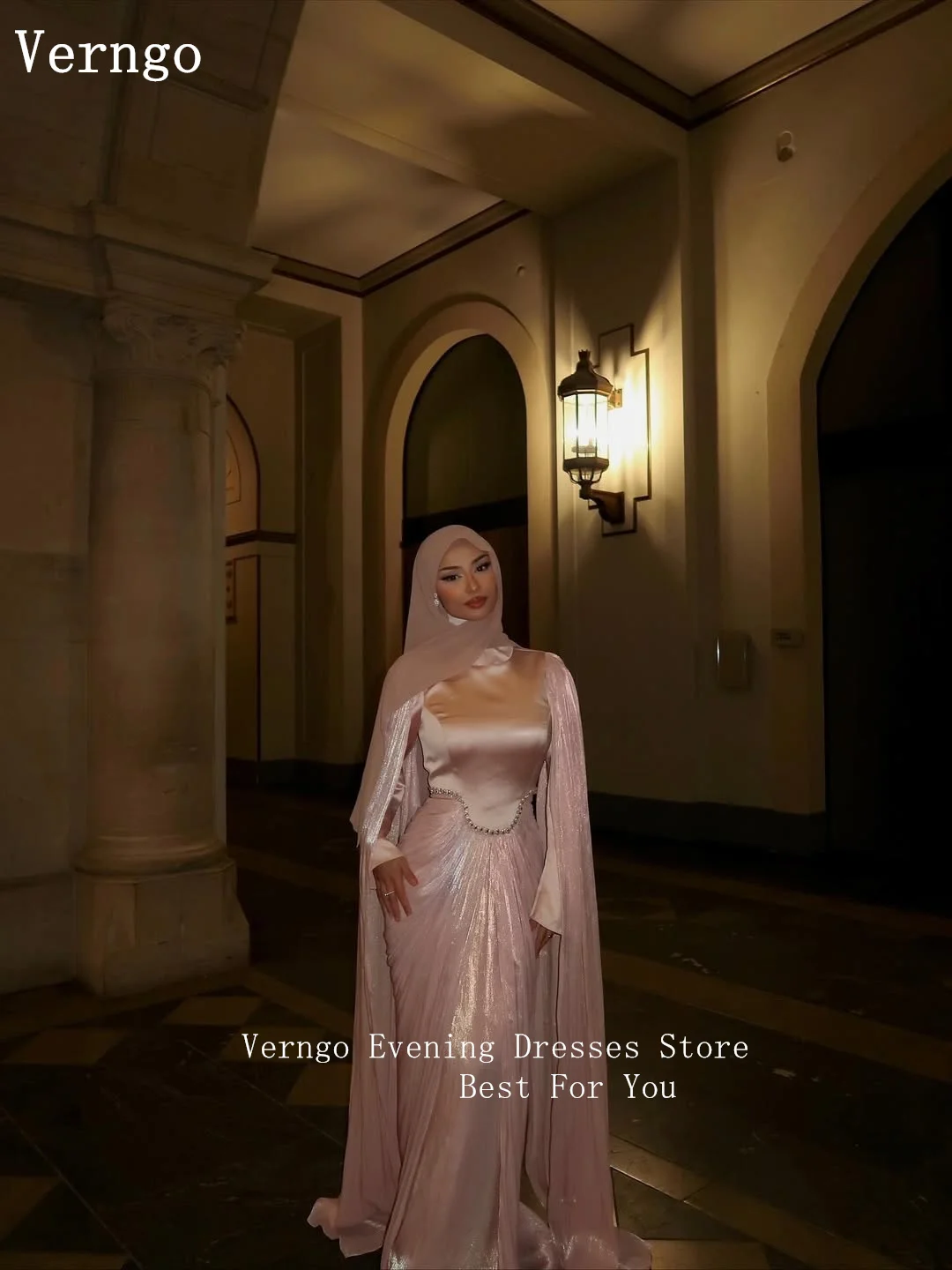 فستان سهرة من الساتان اللامع الوردي من Verngo برقبة عالية وأكمام طويلة مناسبة رسمية فستان حفلات المملكة العربية السعودية حسب الطلب #3