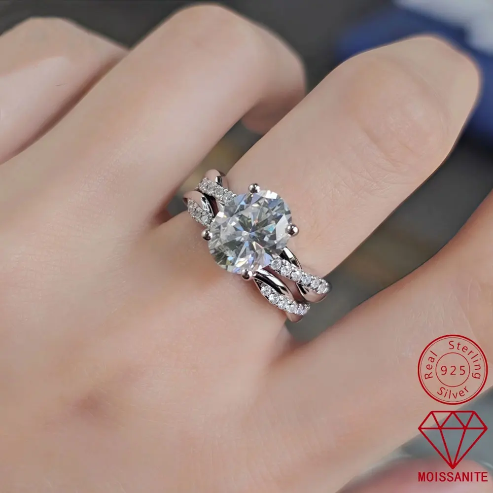 

925 Silver Elliptical 3-carat Moissand Ring Twisted Wall Special Women's Wedding Ring Stacked Set Valentine's Day Gift