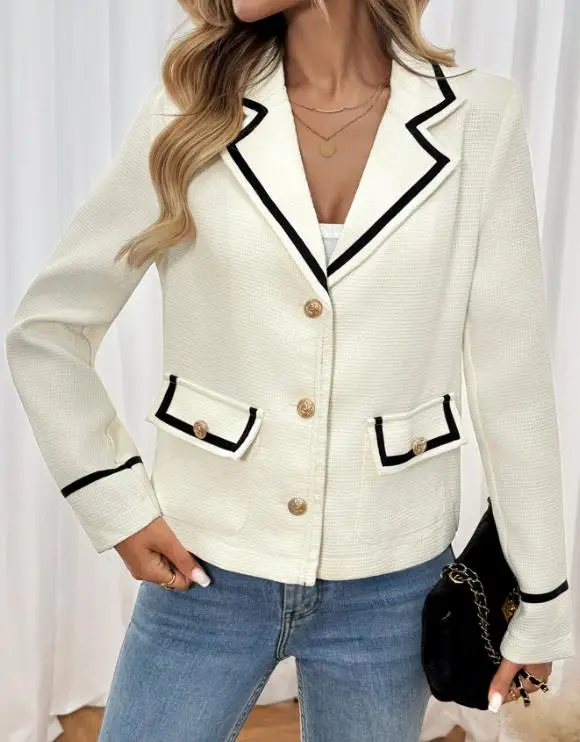 

Fashionable Women's Suit Jacket Autumn New Item Color Blocked Lapel Small Fragrant Style Elegant Suit Jacket for Socialites