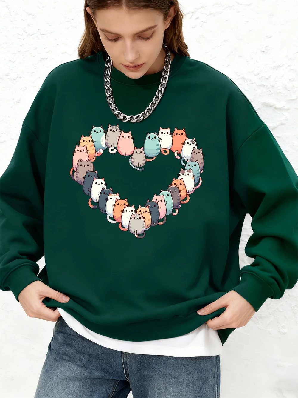 

Толстовка с принтом кошек и сердечками, женская базовая теплая толстовка для бега, зимние пуловеры с круглым вырезом, большие пуловеры с длинными рукавами, женская одежда