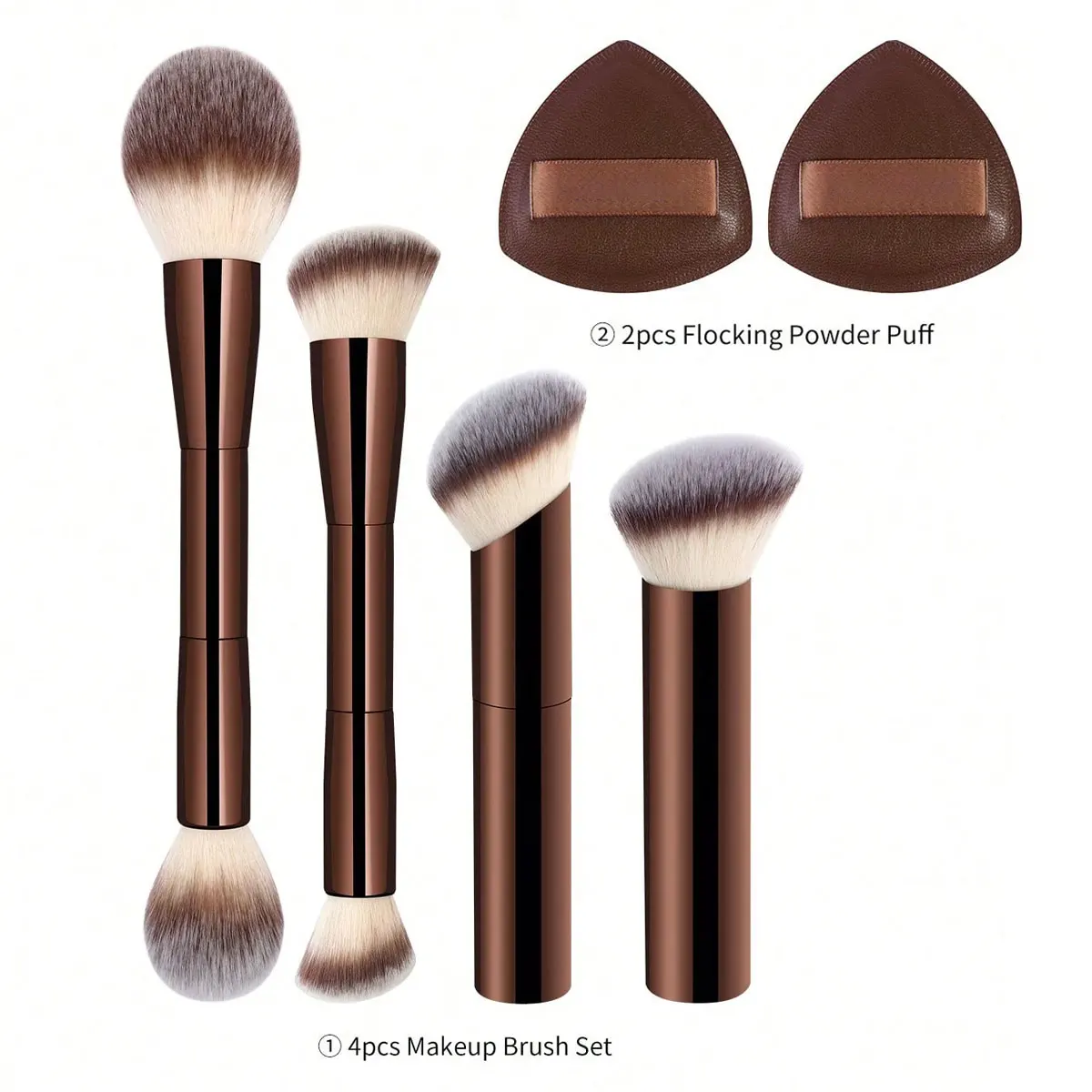 4 ชิ้น Facial อลูมิเนียมแปรงแต่งหน้าและ 2 ชิ้นสามเหลี่ยม Air Cushion แป้งพัฟ, แปรงรองพื้น Contour แปรง double - Ende