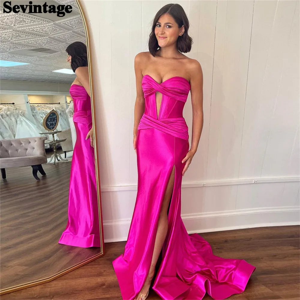 Sevintage Customized Sexy Fushia Satin Prom Dress Mermaid Strapless High Slit Floor Length Sweep Floor Evening Dress 2024