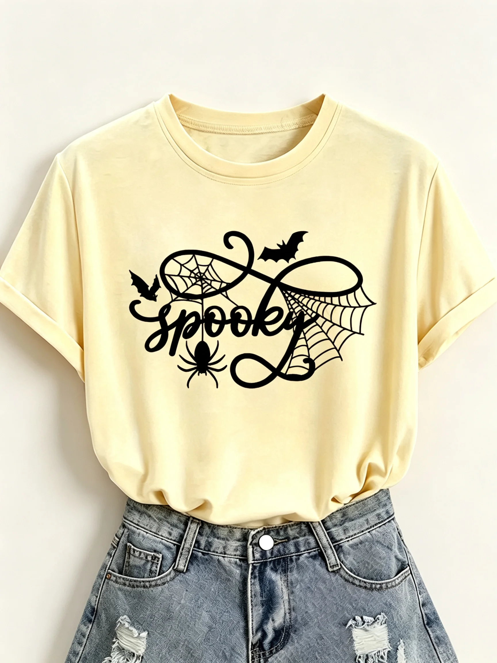 Women Halloween T‑Shirt Spooky Print Shirt Spider Web Bat Spider Graphic Short Sleeve O‑Neck Casual Loose Fall Holiday Tops Tees