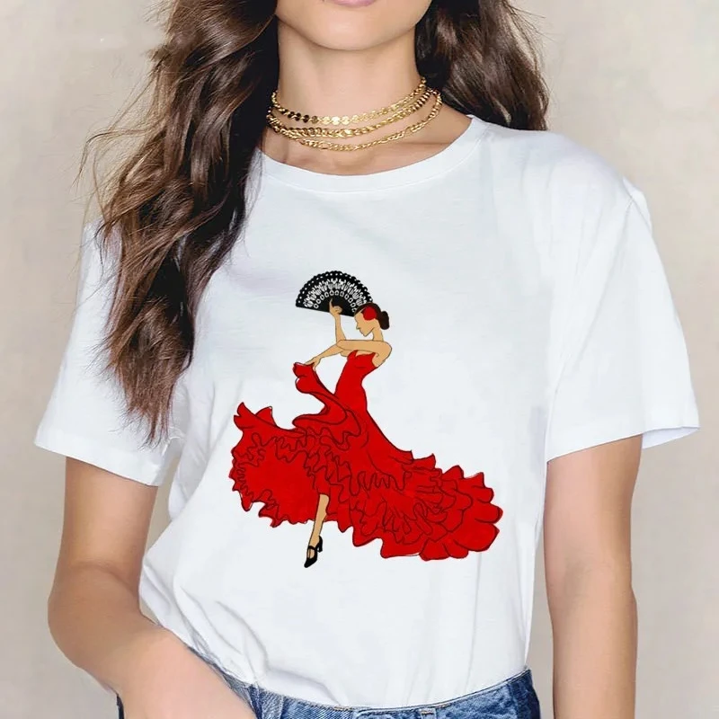 Flamenco Spanish Women's Print Ballet Tee Women's Graphic Funny New Summer Streetwear Y2K Breathable Soft Harajuku Aesthetic Top