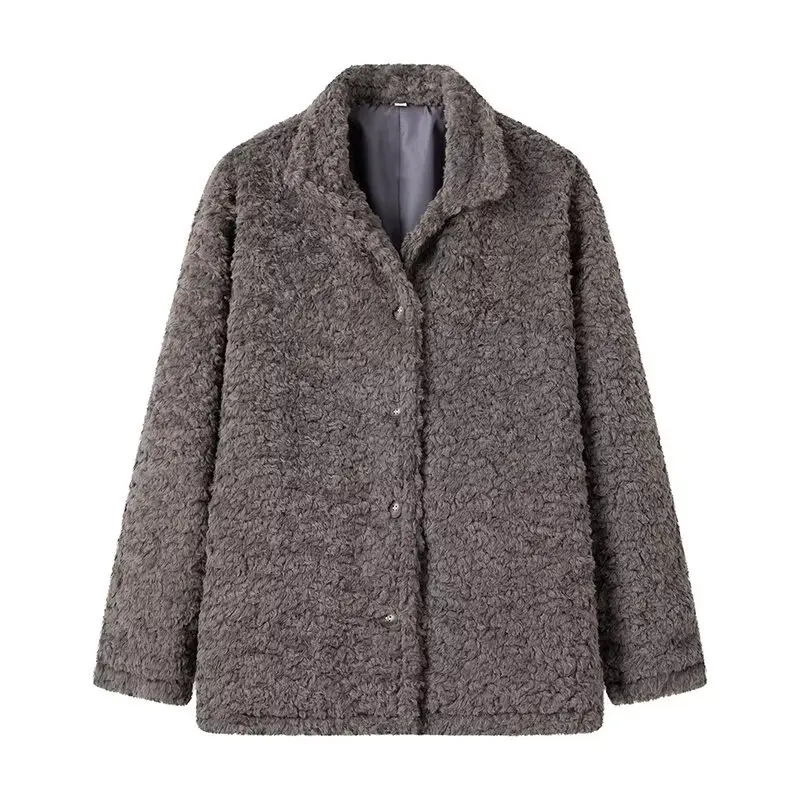 Cappotto in pelliccia sintetica con risvolto grigio per le donne Moda maniche lunghe Cardigan caldo spesso 2024 Autunno Inverno Chic Lady High Street Capispalla