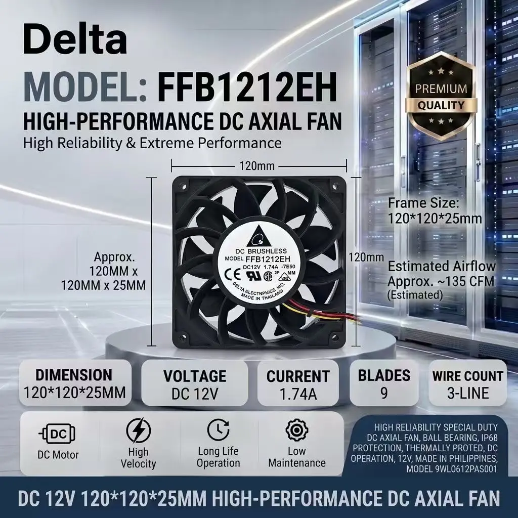 For Delta FFB1212EH DC 12V 1.74A 12025 120x120x25mm Dual Ball Bearing 3-Wire Micro Server Inverter Cabinet Axial Cooling Fan