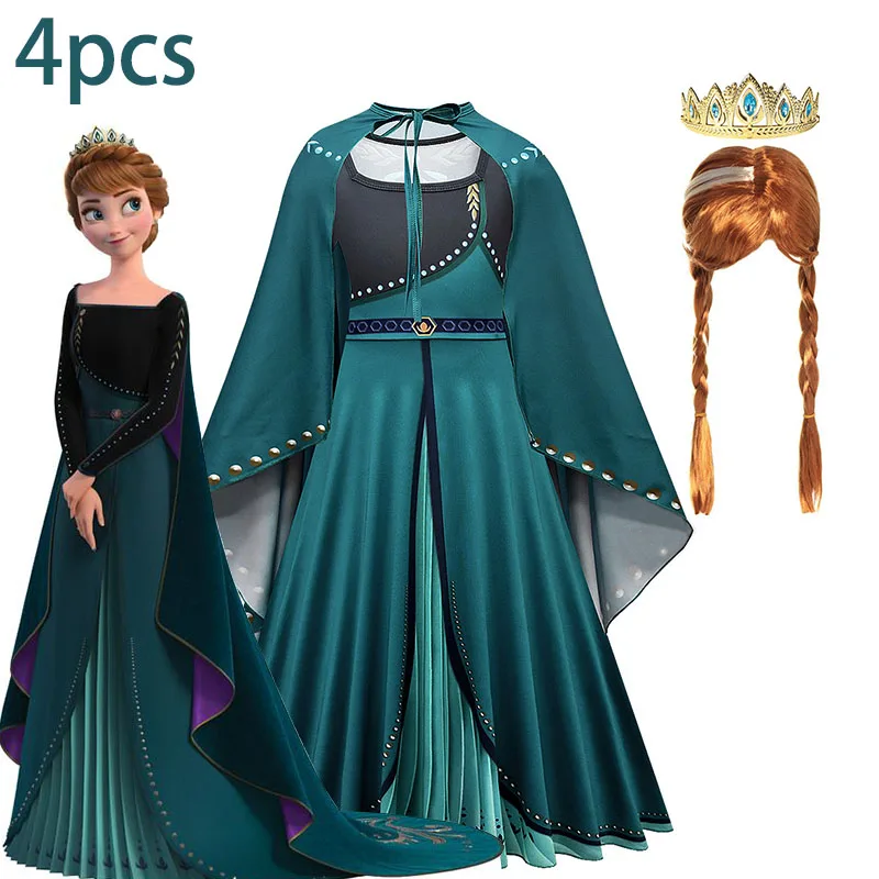 Disfraz de princesa Disney Frozen Elsa Anna para niña, vestido verde oscuro con capa, fiesta de Carnaval, Halloween, ropa de cumpleaños para niños