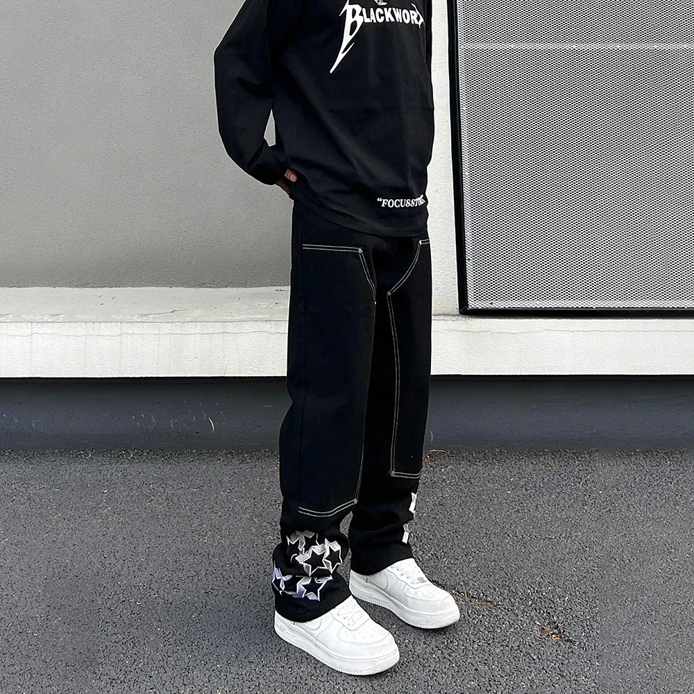

Graphic Jeans Men Y2k Flower Vaqueros Trousers Embroidery Patchwork Street Autumn Casual Streetwear Original Black Denim Pants