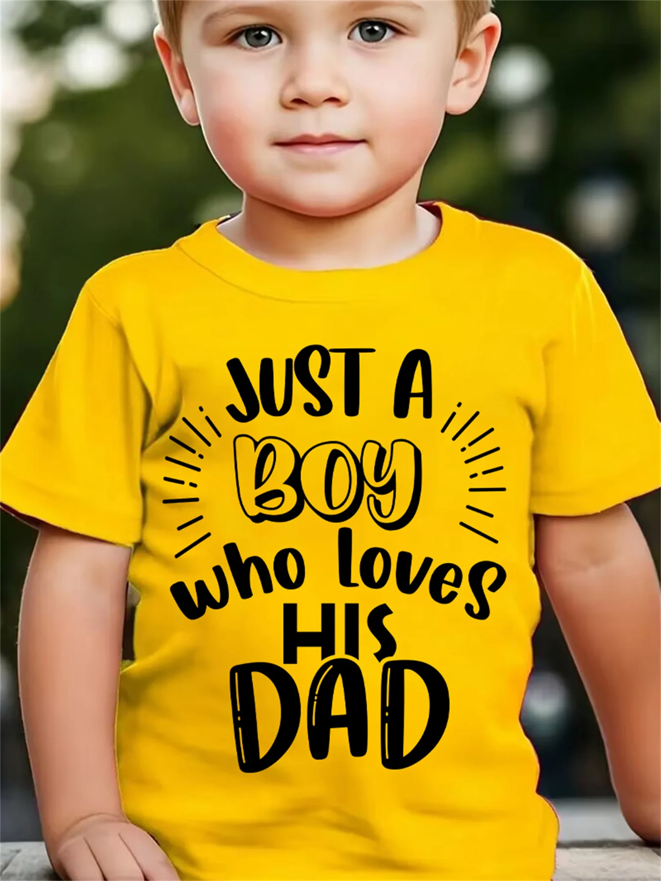 DX2689 Boys JUST‑A‑BOY‑WHO‑LOVES‑HIS‑DAD‑Letter‑Print Casual Summer Crew‑Neck Short‑Sleeve T‑Shirt