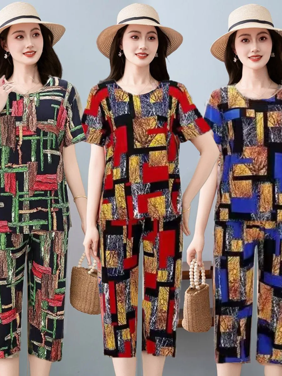 

Прохладный комплект из ледяного шелка для мамы, модный свободный женский костюм-двойка, корейский комплект из полиэфирного волокна для поездок на работу, круглый Ne ort S...