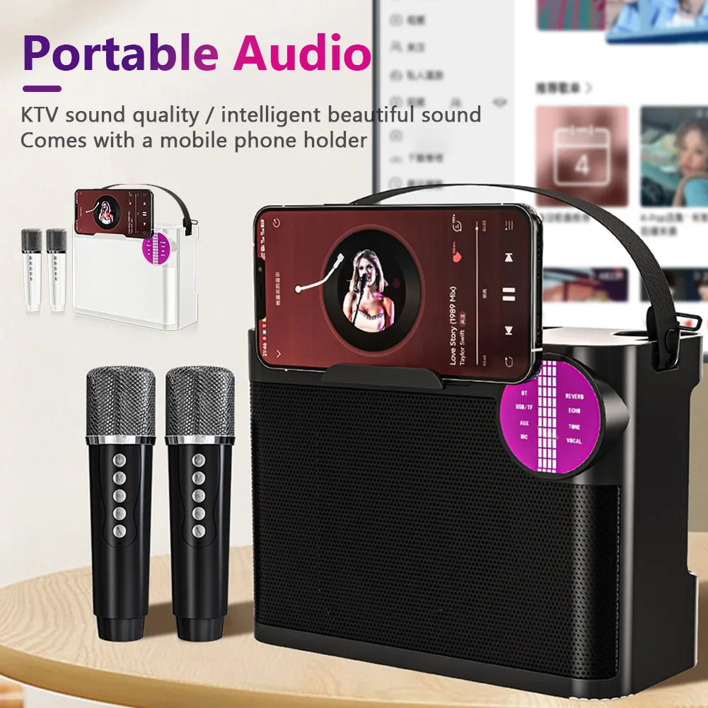 Bluetooth-Compatible 5.3 Karaoke Machine with 2 Microphones Portable Speaker Removable Strap HD Sound Boombox for Home Parties