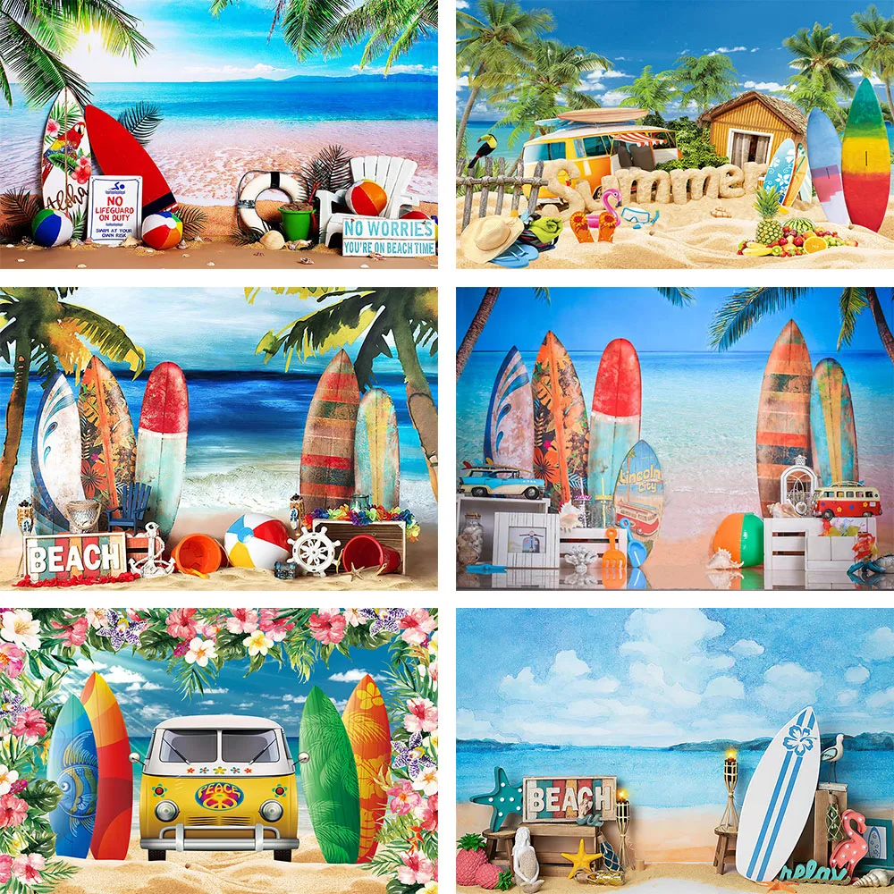 

Mehofond Summer Beach Tour Car Backdrop Surfboard Van Palm Trees Holiday Seaside Photographic Background Baby Portrait Photozone