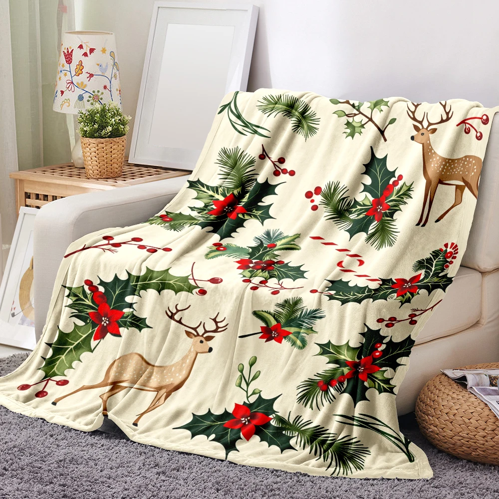 1PC Christmas Reindeer and Holly Print Blanket-Made of soft, fluffy flannel, perfect for a sofa, bed or lounge chair. Ideal for
