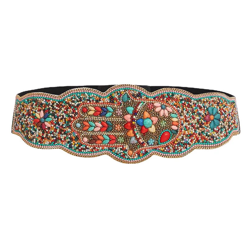 Women\'s Elastic Wide Girdle Ethnic Style Bead Belt Pure Handmade Bohemian Colorful Shells Ladies Elegant Corset Decor Waistband