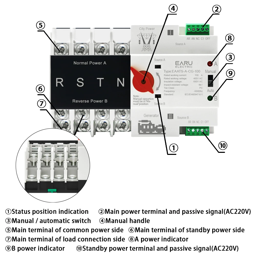 Imagem -04 - Interruptor de Transferência Automática de Energia Ininterrupta Interruptores Seletores Elétricos Fases Fases 100a ac 380v Trilho Ruído Ats Alimentação Dupla