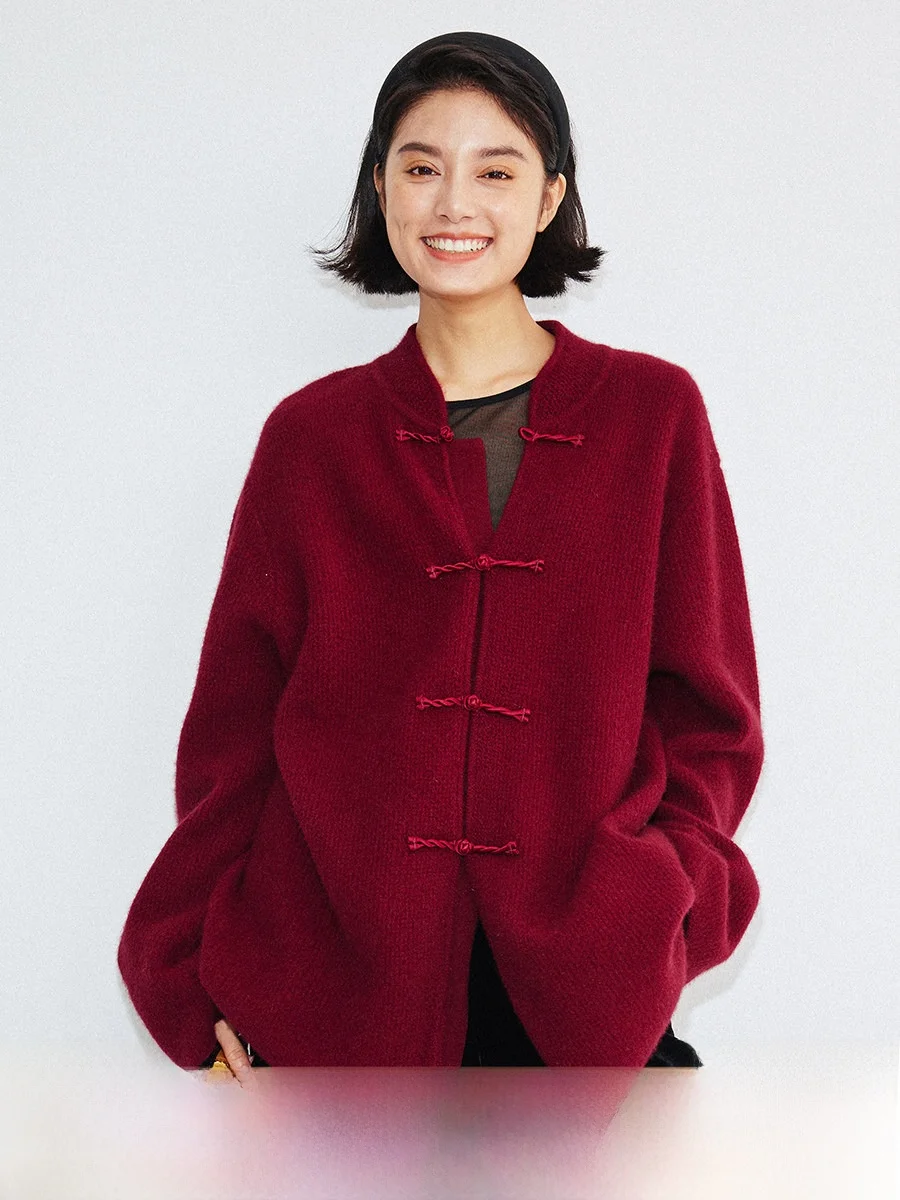 

Женская зимняя верхняя одежда Yuxiu Series: вязаный жакет с воротником-стойкой, на пуговицах, в китайском стиле, свободного кроя, длинный рукав, модный