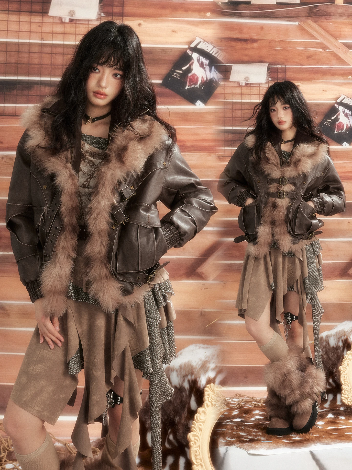 

Original ALL iNplan Fur Collar Jaet Women's Winter Flight Coat Warm Stand Collar Fake Two-Piece Sle Long Sve Zipper Cl...