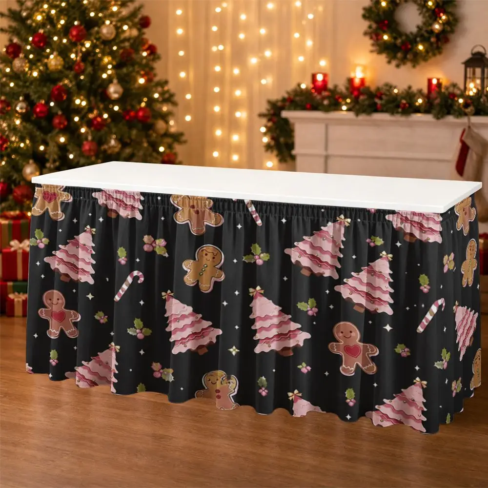 1 Christmas party table skirt, 2D flat gingerbread man and pink Christmas tree pattern for home decoration
