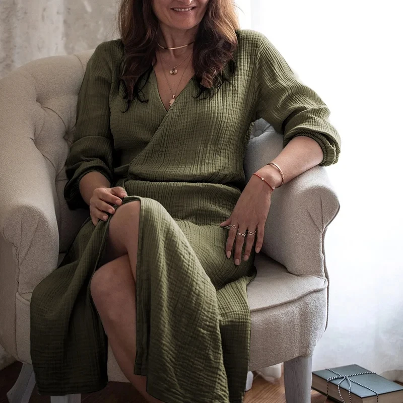 Vestido de muselina 100% algodón para mujer, sexy, con cuello en V, manga larga, estilo vendaje, maxi, vestido de verano para mujer, túnica larga, vestidos largos