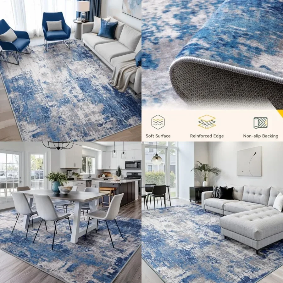 

Washable Area Rugs 5'x7' Non-Slip Modern Abstract Soft for Living Room Entryway Bedroom Nursery, Print Pattern, Blue Grey Navy