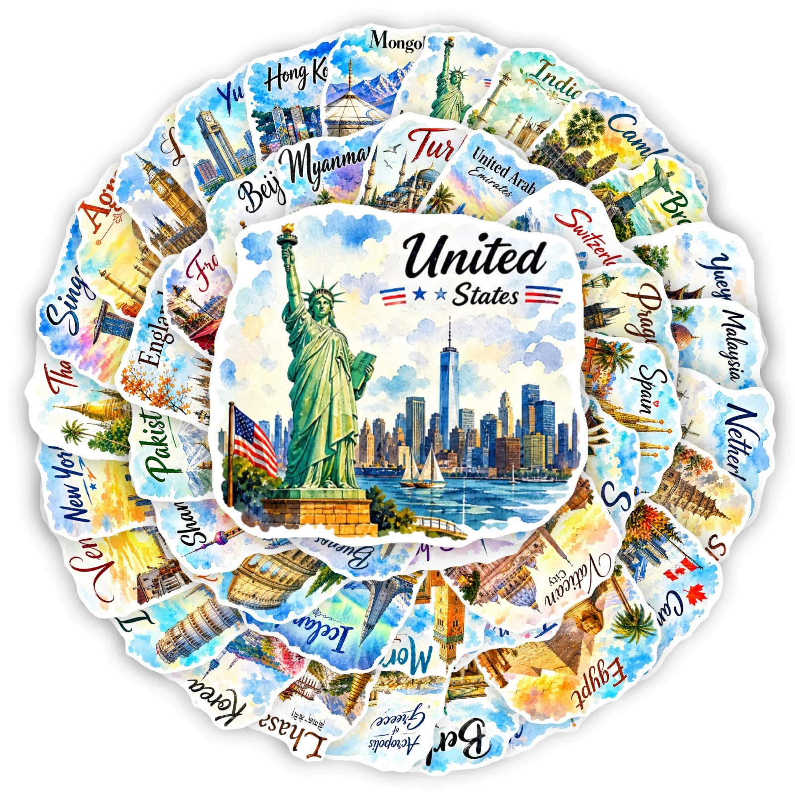 50PCS World Famous City Landmark Buildings Hand Drawn Travel Map Graffiti Stickers for Laptop Phone Waterproof Decals