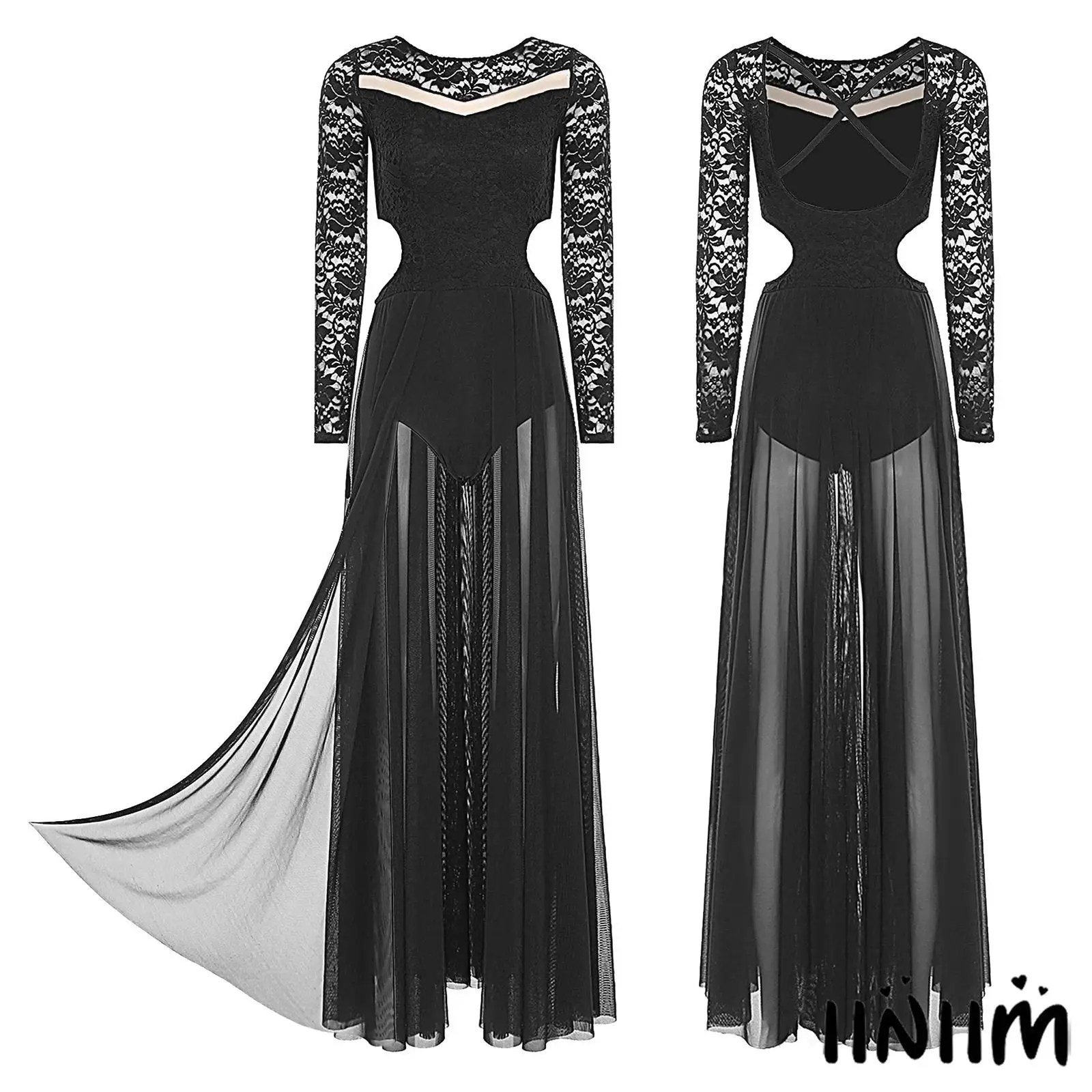 

Womens Elegant Lyrical Dance Costume Long Sleeve Floral Patchwork with Side Cut Outs And Briefs Contemporary Modern Dance Dress