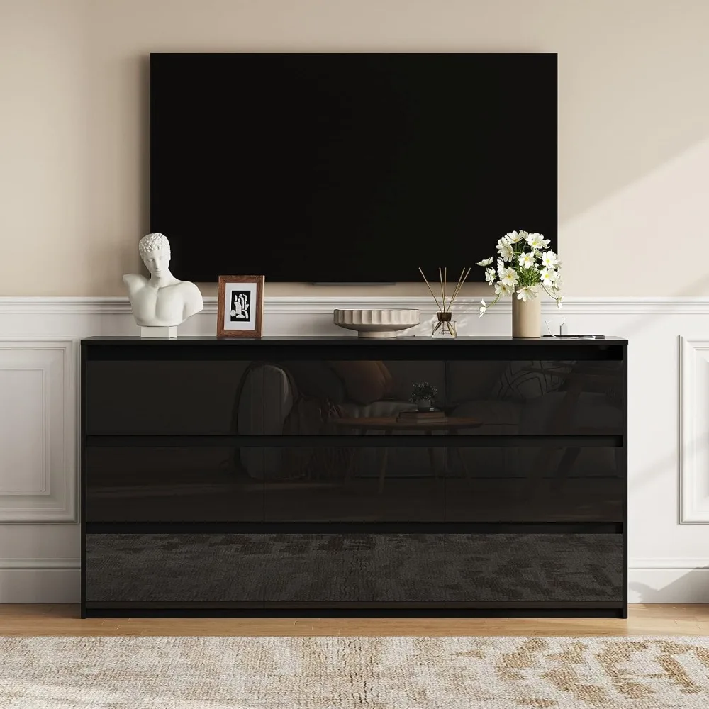 Black TV Stand, Storage Cabinet with 9 Drawers for Bedroom Modern Large High Gloss Cabinet for Living Room Office(63
